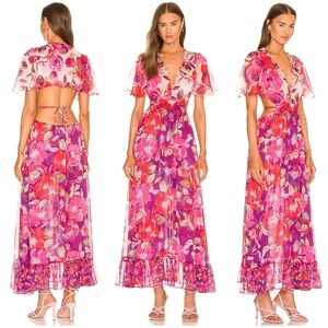 MISA Calista Dress Lilac Coming Up Roses Pink Floral Chiffon Maxi Dress SMALL